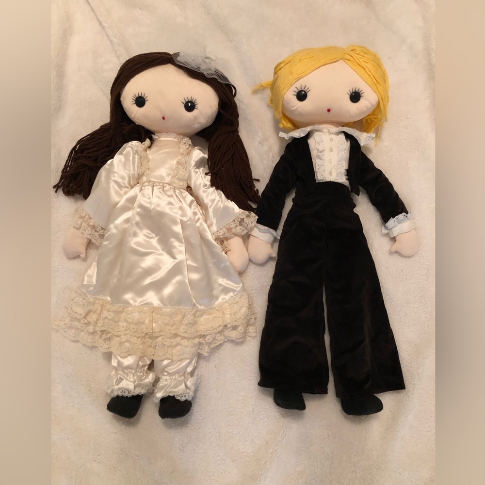 Elegant Handmade Bride and Groom Doll Pair with Satin and Velvet Outfits